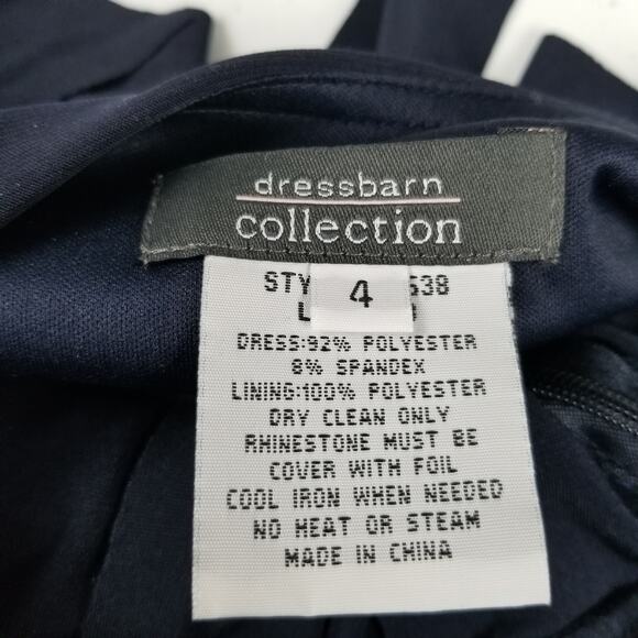 Dress Barn Dark Blue Tiered Ruffle Jeweled Brooch Waist Side Zip Dress Size 4 - Picture 4 of 4